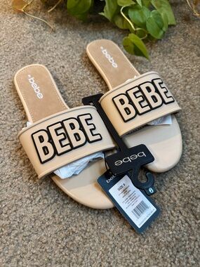 bebe Cream Slide Sandals with Bold Black Logo